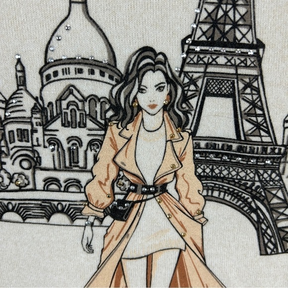 Colortree Casual Paris Themed Embellished Knit Short Sleeve Sweater Medium - Picture 8 of 13